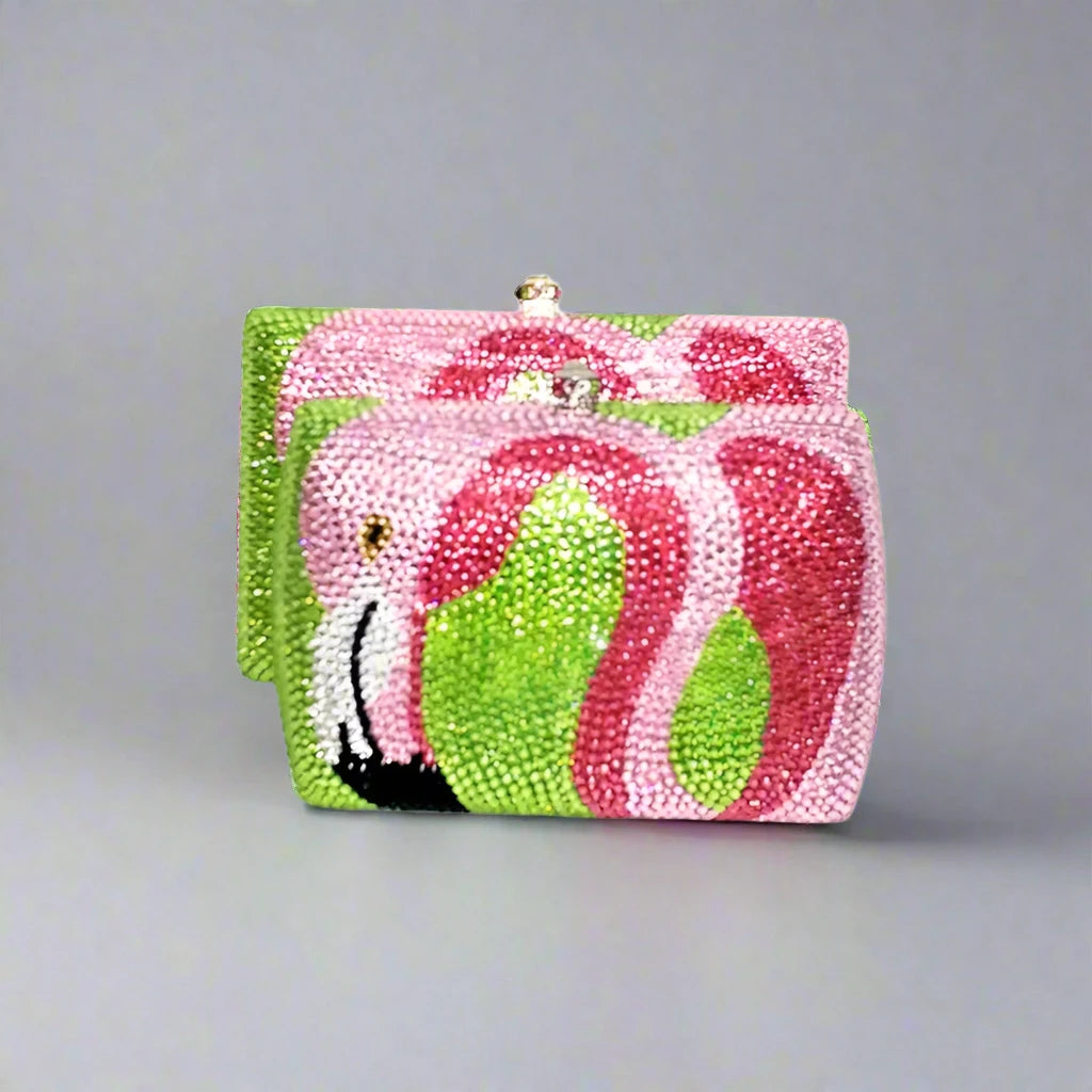 Flamingo Dazzle Crystal Clutch with Silver Chain