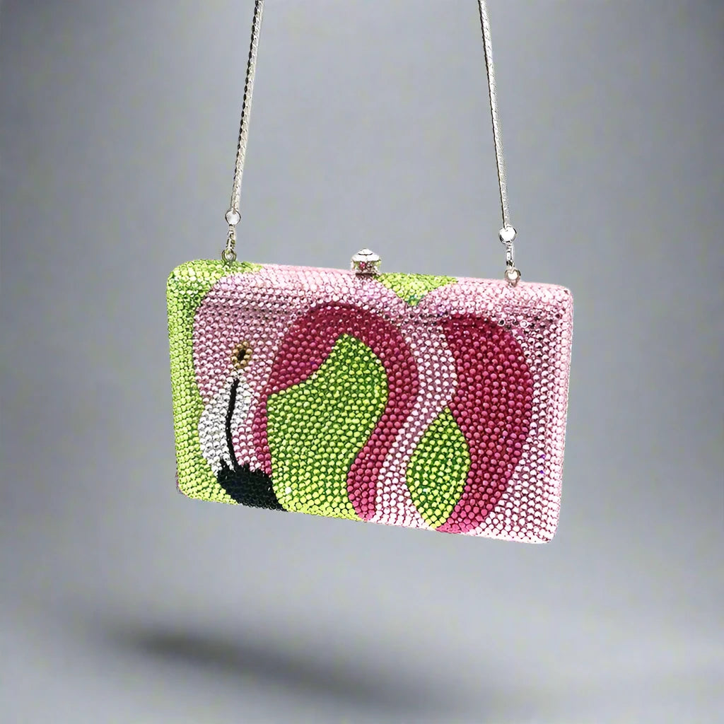 Flamingo Dazzle Crystal Clutch with Silver Chain