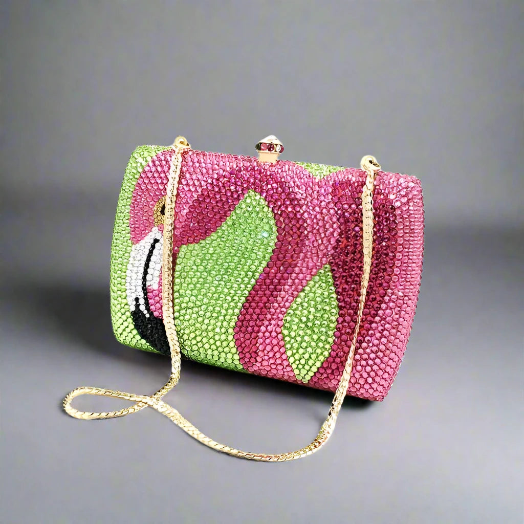 Flamingo Dazzle Crystal Clutch with Silver Chain